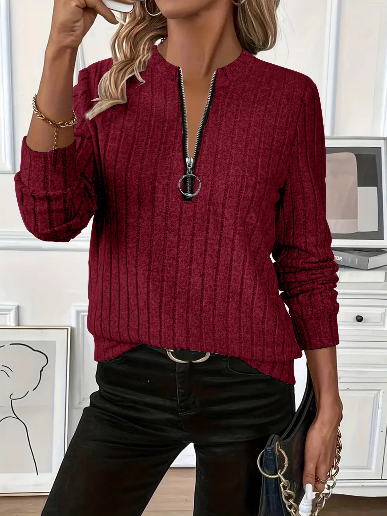 Women's Ribbed Knit Zipper Top