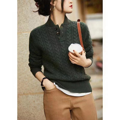 Solid Color Knit Sweater Women Retro Stand Collar Pullover
