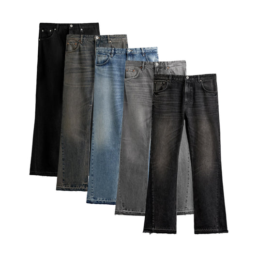 Men's wide-leg washed denim pants with a mid-rise design