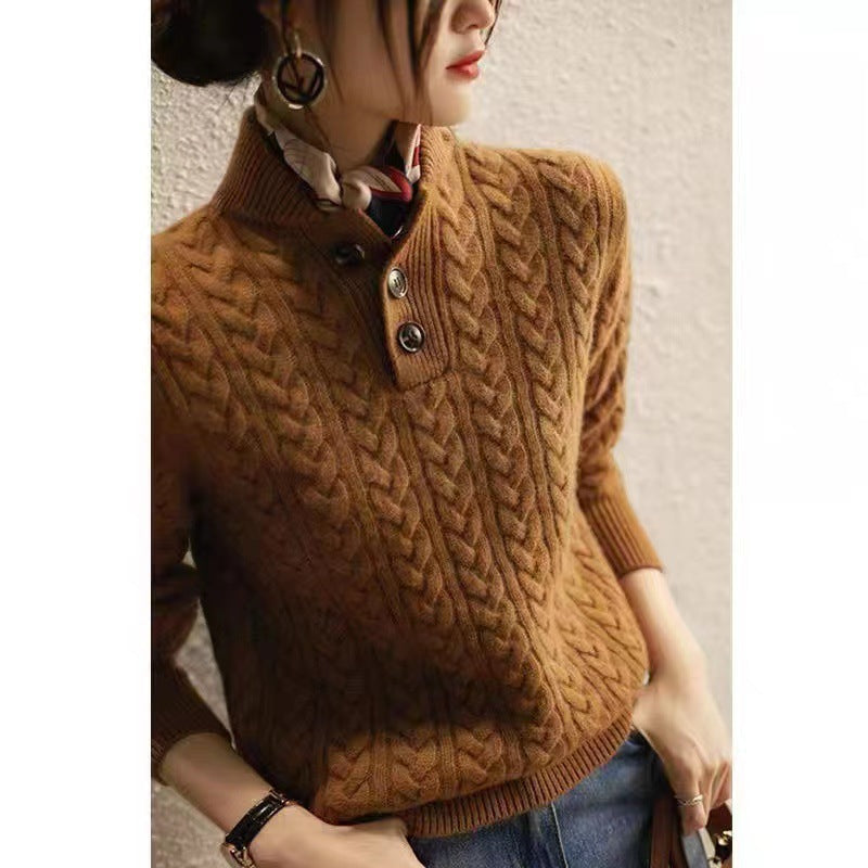 Solid Color Knit Sweater Women Retro Stand Collar Pullover